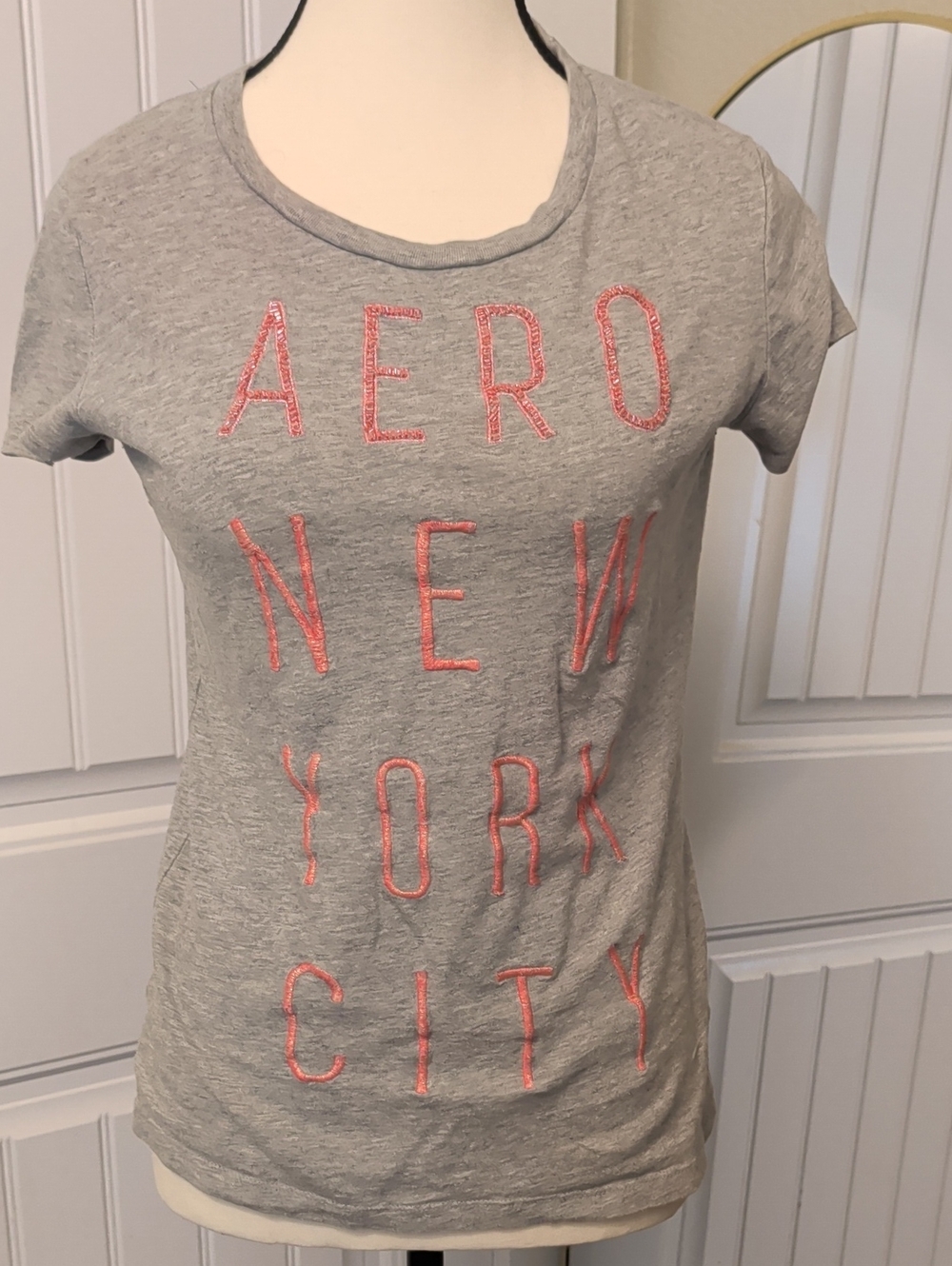Aeropostale Gray Short-Sleeve Tee with Pink Embroidered Lettering